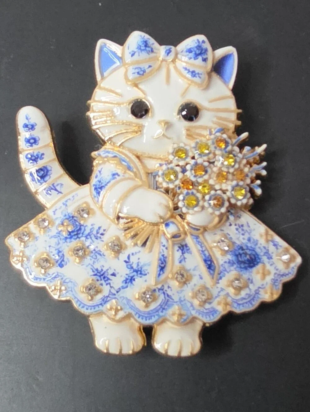 Elegant Blue & White Cat Brooch Pin - Floral Dress